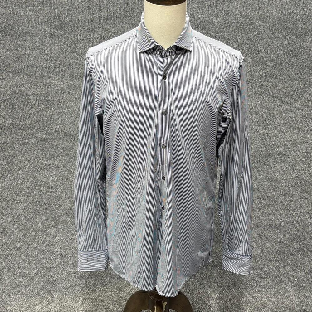 Hugo Boss Shirt Mens 41 16 Blue Stripe Slim Fit Long Sleeve Dress Button Front